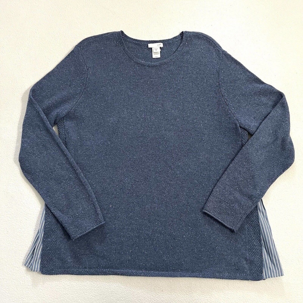 J. Jill Women Blue Azul Multi Side Stripe Panel Cotton Silk Blend Sweater Top M
